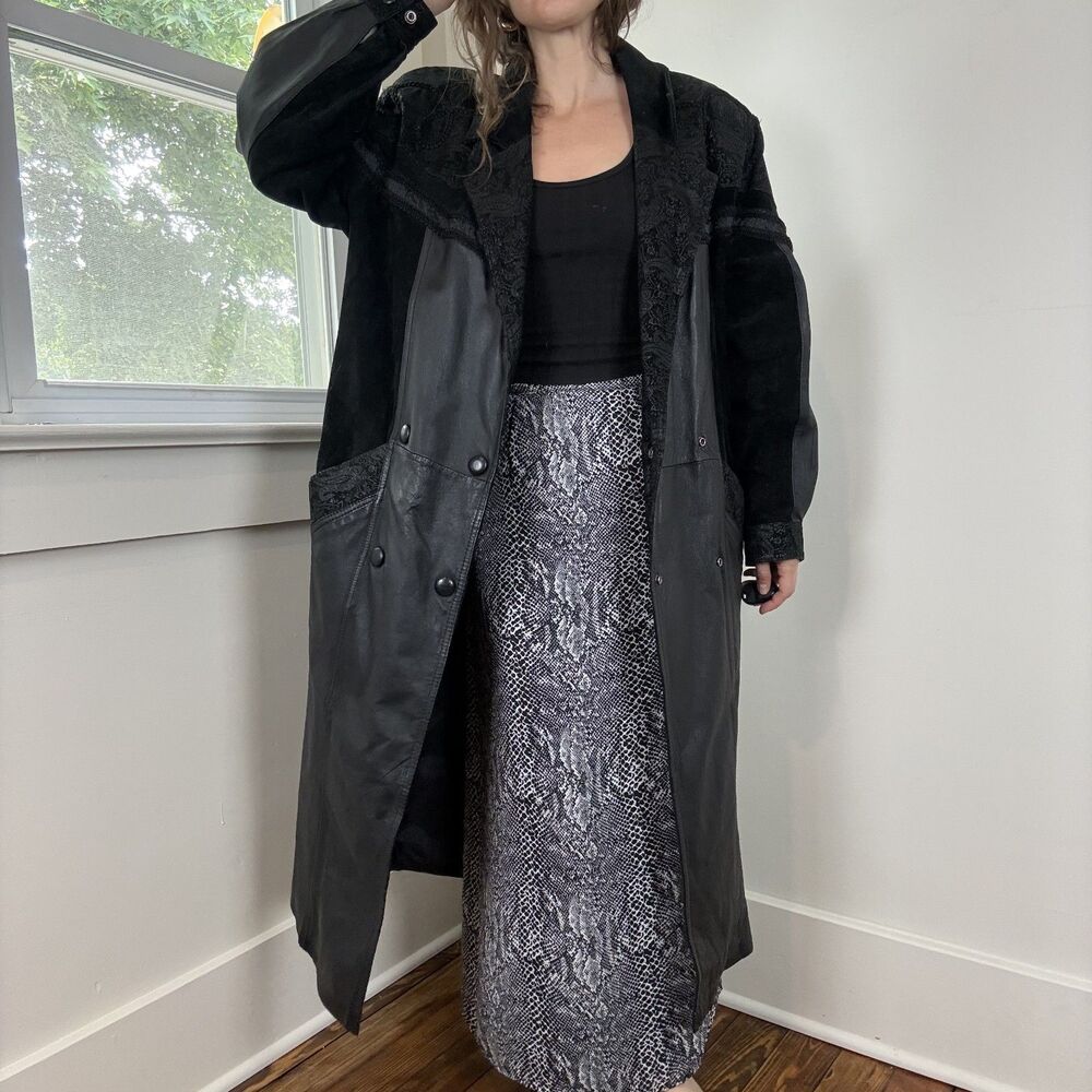 Vintage Wilsons Leather Black Paisley Suede Duster Trench Coat Thinsulate, Korea